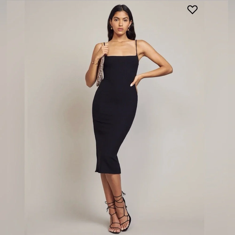 Sleek Sexy Reformation Black Ribbed fitted Midi Dress with thin spaghetti straps - Picture 2 of 15